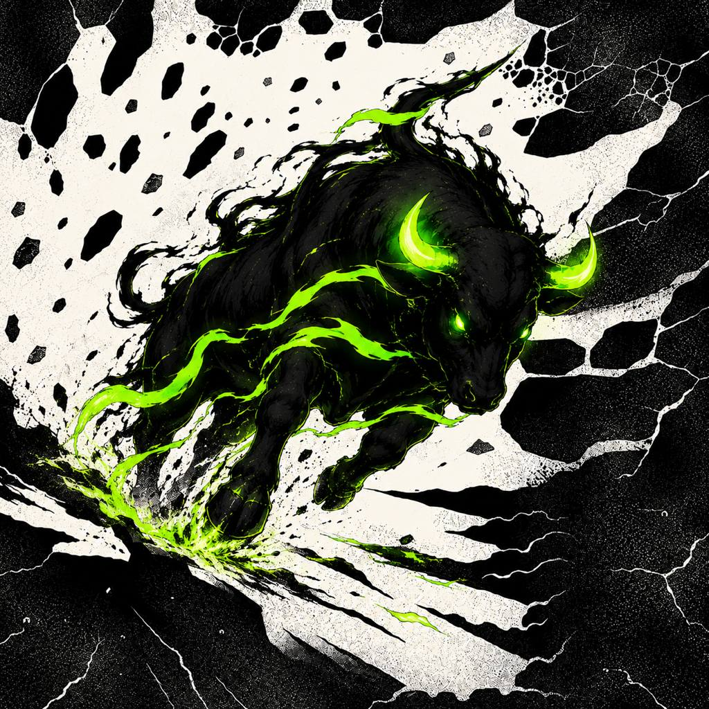 Black bull with neon green energy bursting through a cracked surface